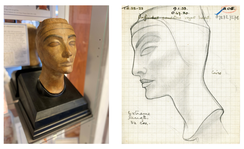 EES' replica of unfinished bust of Nefertiti (left) and object card recording its discovery (right).