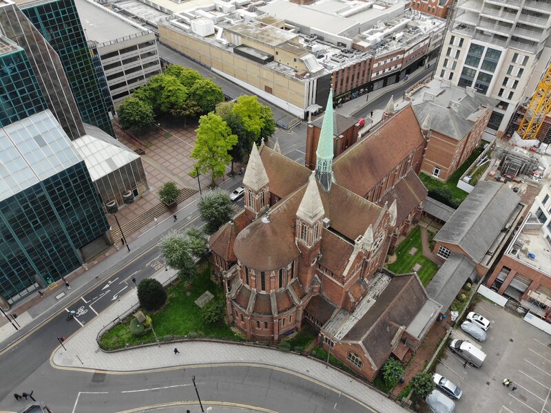 Exterior drone view of St Michael's Croydon by J L Pearson