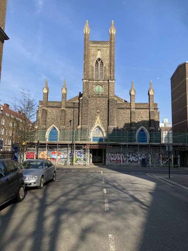 St Mary's Church, viewed from Barnby Street. The church is currently surrounded by scaffolding.