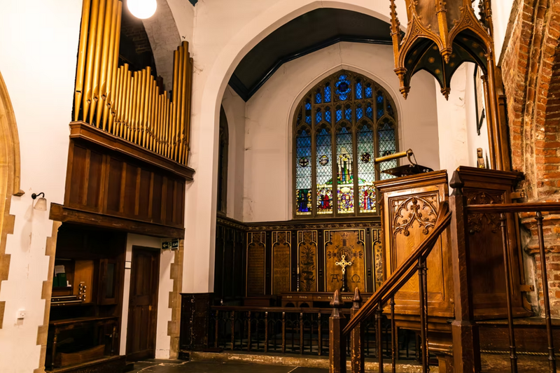 The Old Church interior - organ, stained glass window & pulpit