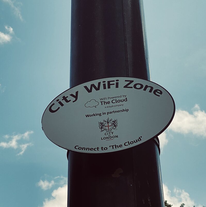 Image description: Image of wifi connection sign in City of London. 
Credit: Anne Lee Steele