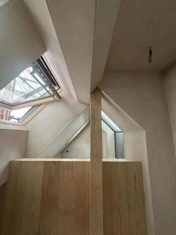View from mezzanine, UK grown Ask, clay plaster finish