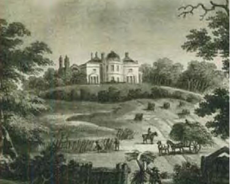 Etching of Norwood Grove Mansion and its grounds, John 
Hassell, 1804.