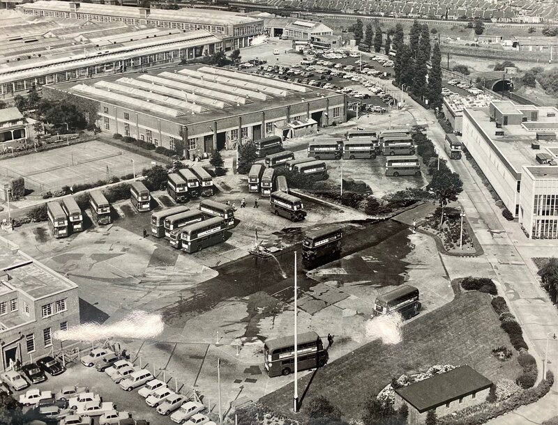 The Chiswick Bus Works photographed in 1967 replaced by Chiswick Business Park.