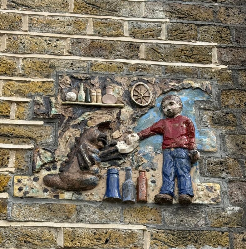 Thames Tale ceramic art on wall of Greenwich Power Station. photo by K L Lam  the tour guide