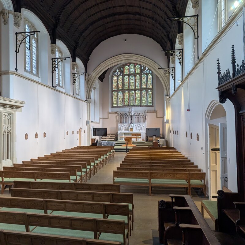 Chapel, with brackets ready for new pendant lights being installed August 2026. Photo owned by the s