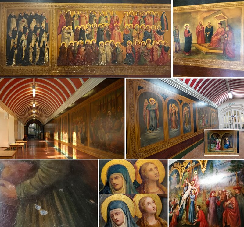 130m of cloister wall paintings depicting Life of Christ, being restored in stages. Image by school