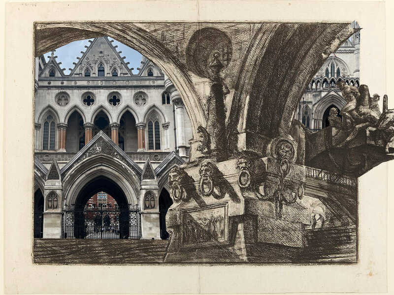 Collage of Piranesi's prison print and a photo of the Royal Courts of Justice taken by self