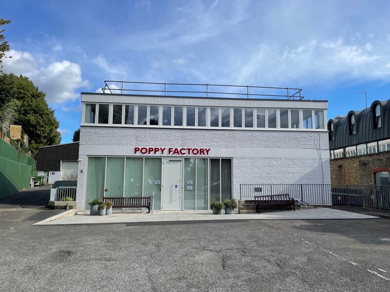The Brutalist building at the front of The Poppy Factory is the main entrance to the Visitor Centre