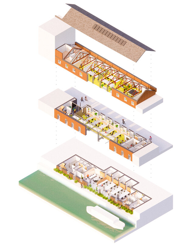 Exploded axonometric illustration of the Foundry hub adjacent the Regents Canal